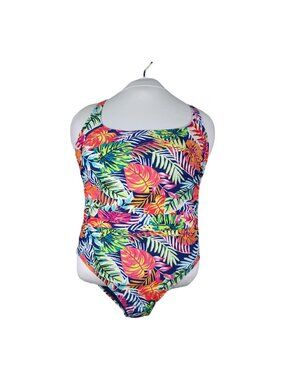Caribbean Joe Shirred One-Piece Swimsuit Sz 12 Palm Leaves Slimming $108